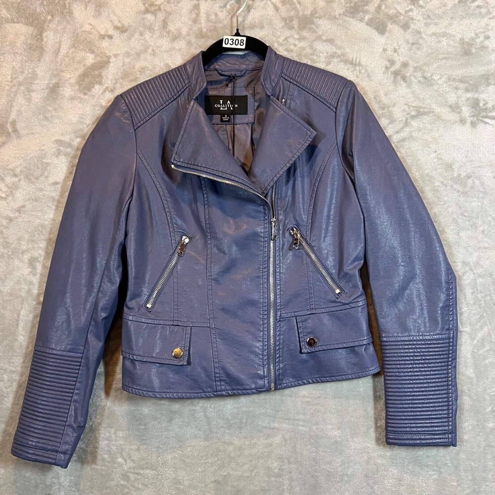 Coalition LA Classic Moto Faux Leather Jacket Women's Small Blue Biker Rock New